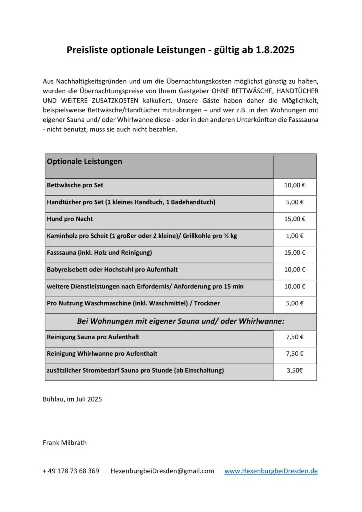 Preisliste der optionalen Leistungen für Ferienwohnungen und Tiny Houses in der Hexenburg bei Dresden