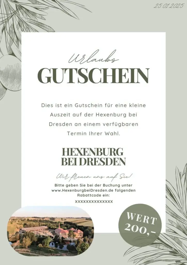 Gutschein für Feriienwohnungen, Tiny Houses, und Eventlocation in Hexenburg bei Dresden